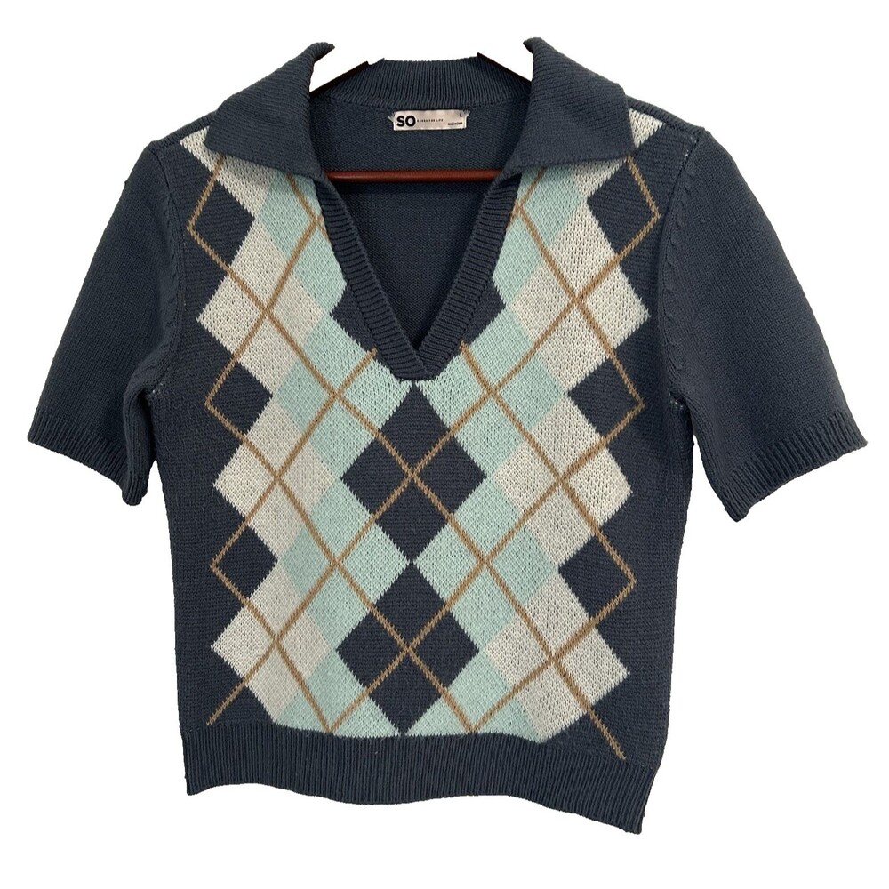 SO Sweater Top Women L Blue Argyle Polo Crop Preppy Y2K Cottage Academia Plaid